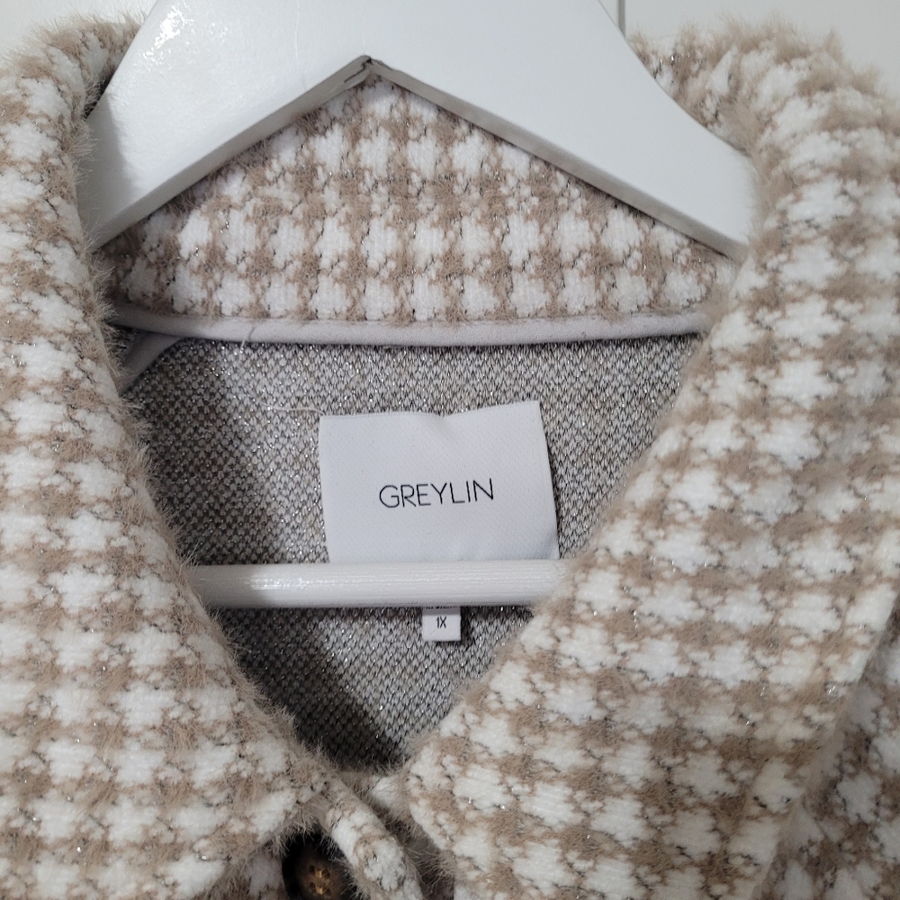 Anthropologie Greylin Houndstooth Shirt Fuzzy Beige White Jacket Blazer - Picture 7 of 9